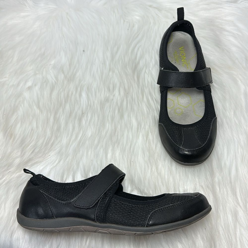 Vionic Allie‎ Black Leather/Fabric Mary Jane Flats Sz 7